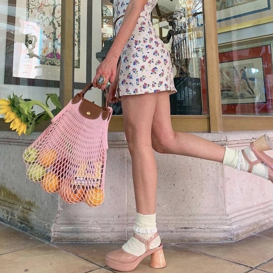 Longchamp Le Pliage Filet Top Handle Bag Blush 착용 스타일