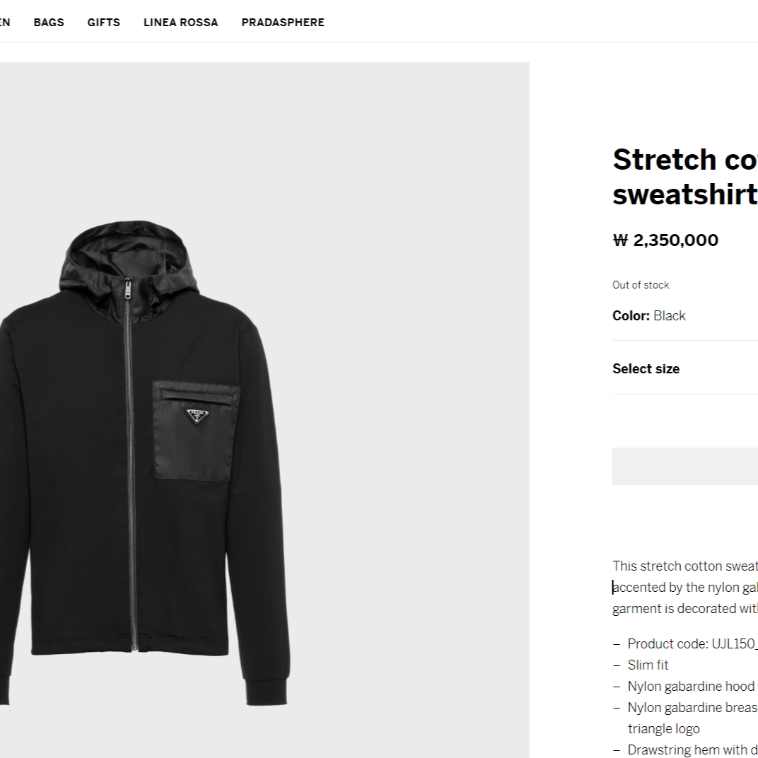 Prada Stretch Cotton Fleece Hooded Sweatshirt Black 착용 스타일 - 2