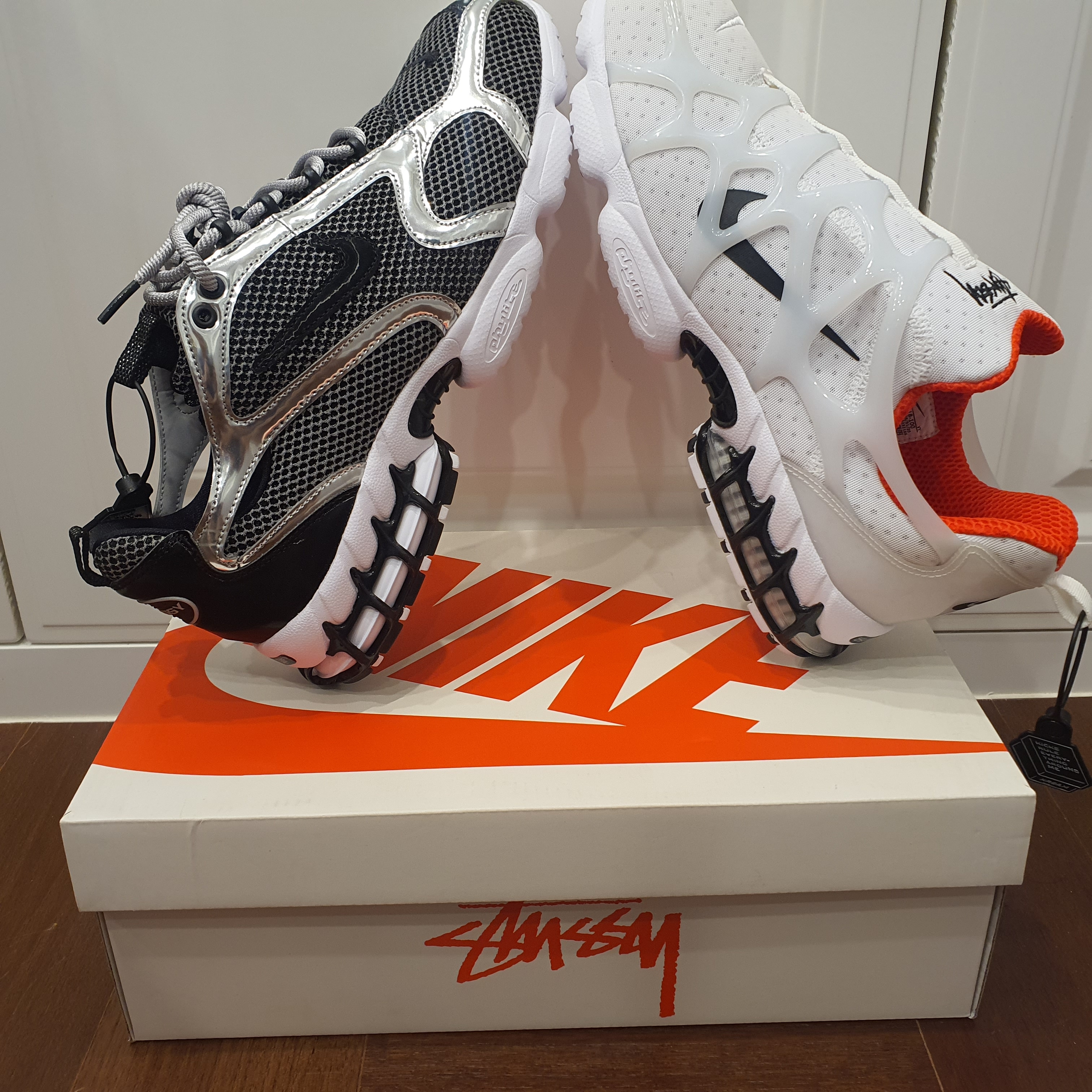 Nike x Stussy Air Zoom Spiridon Cage 2 Pure Platinum, Nike x Stussy Air Zoom Spiridon Kukini White 착용 스타일