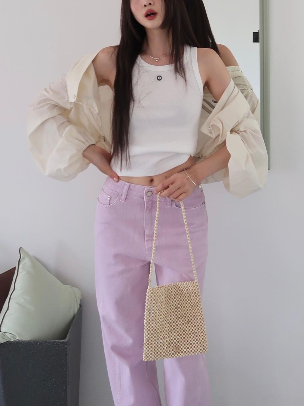 엔오르 우먼 더블 스트라이프 스트링 크롭 자켓 크림 착용 스타일 - 2