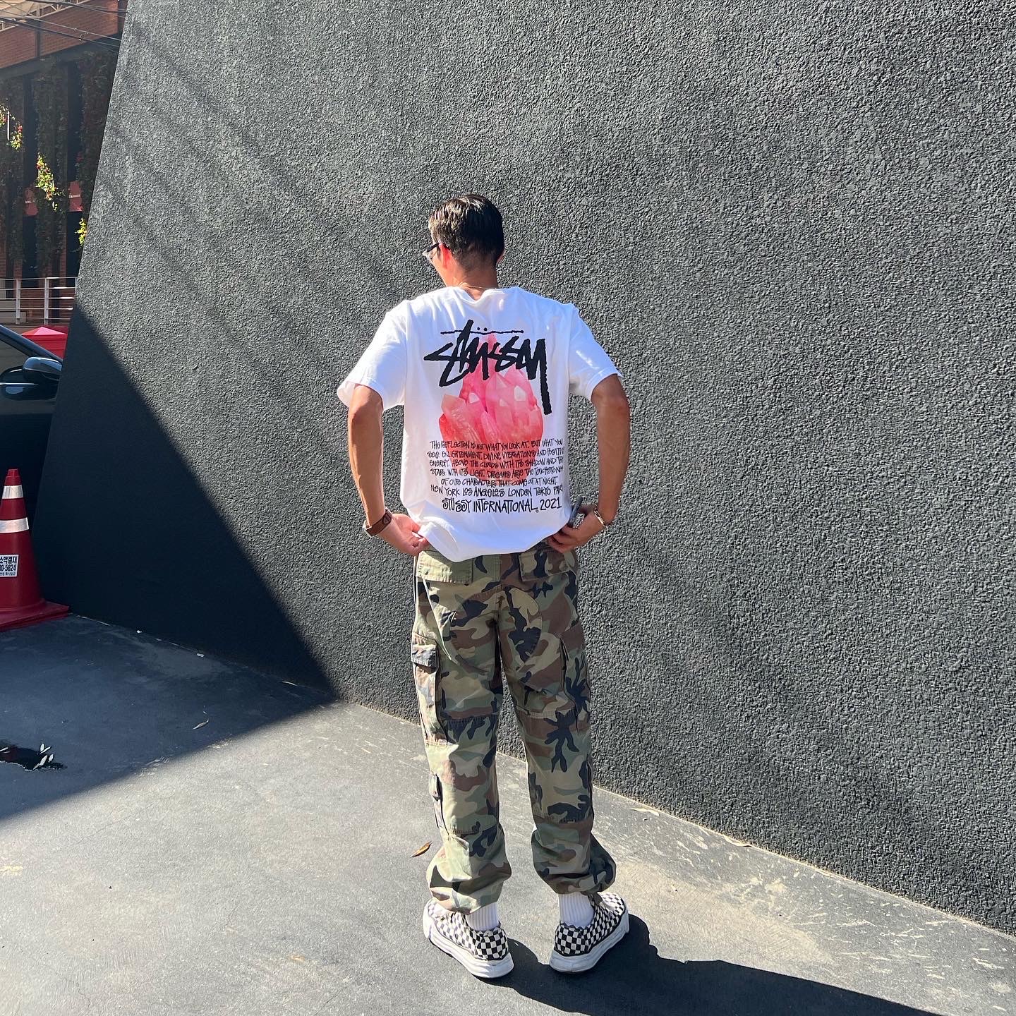 Stussy Surplus Cargo Pants Camo, Stussy Reflection T-Shirt White 착용 스타일