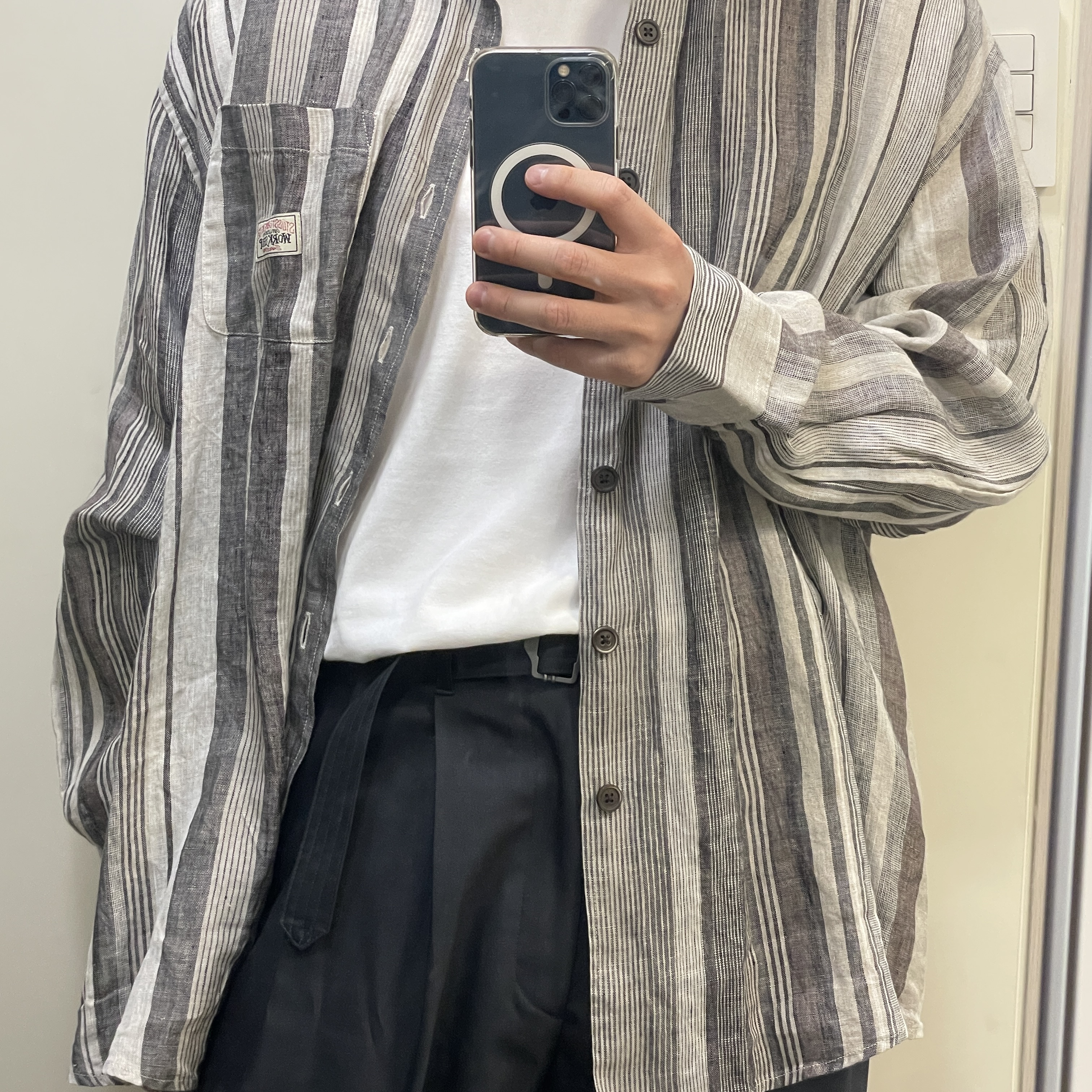 Stussy x Our Legacy Work Shop Borrowed Shirt Raw Linen Stripe 착용 스타일