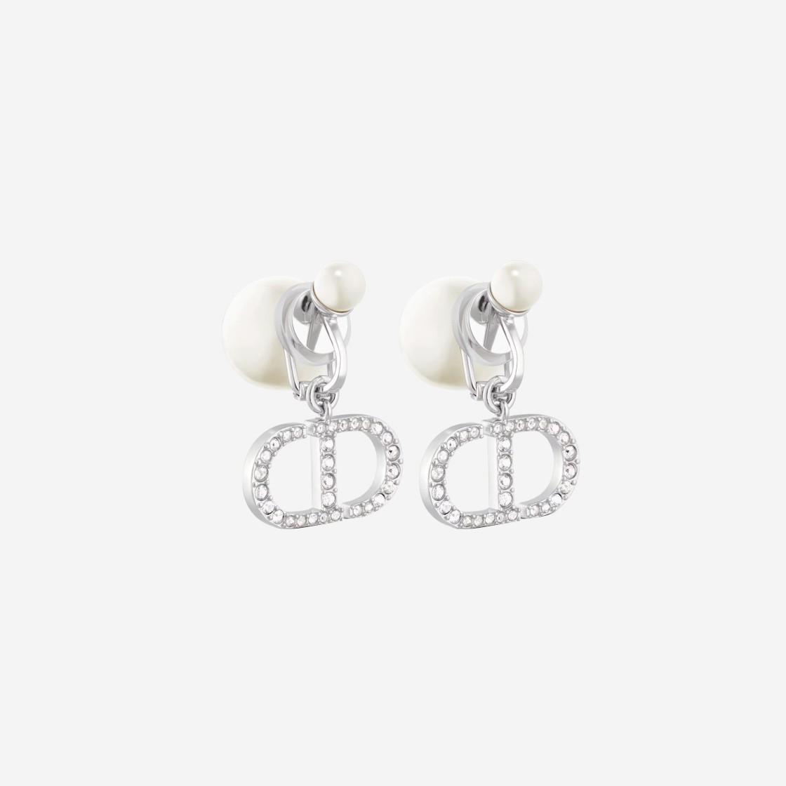 (W) Dior Tribales Clip Earrings Silver Finish Metal White Resin Pearls Silver Tone Crystals 상세 이미지 1