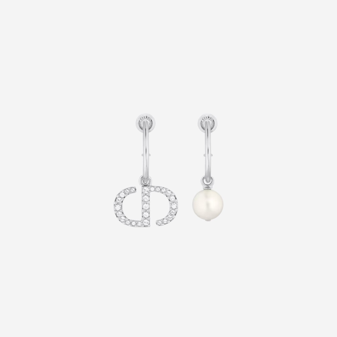 (W) Dior Petit CD Earrings Silver Finish Metal a White Resin Pearl Silver Tone Crystals 상세 이미지 1