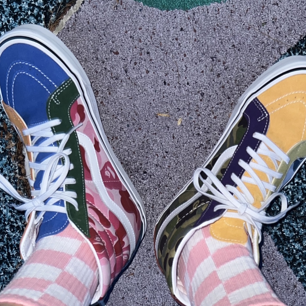 Vans x BAPE Sk8-Hi 38 DX Blue Multi 착용 스타일