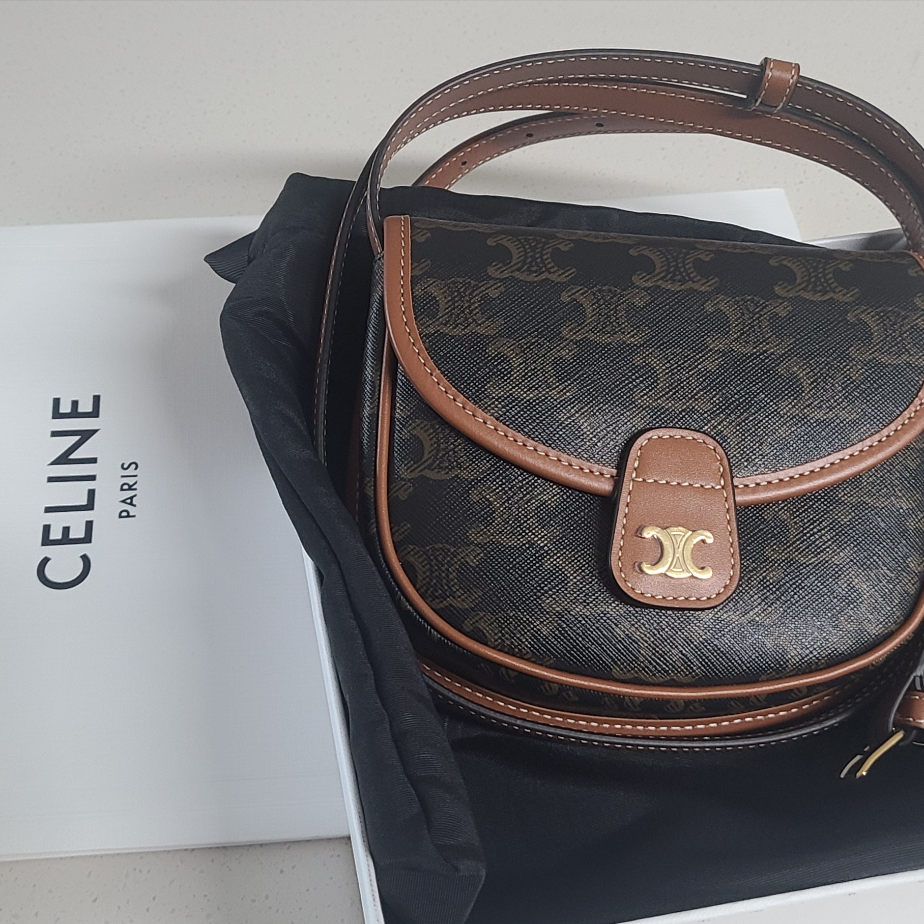 Celine Mini Besace in Triomphe Canvas and Calfskin Tan 착용 스타일