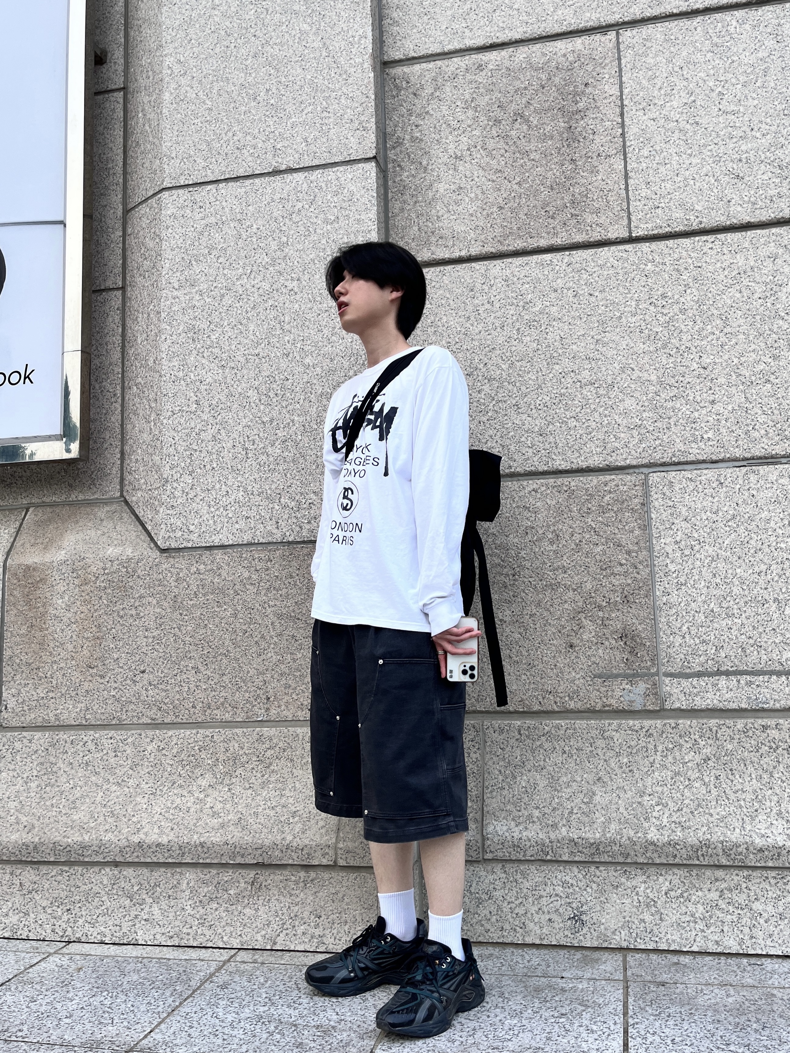 Asics x Andersson Bell HN2-S Protoblast Black, Stussy World Tour LS T-Shirt White 착용 스타일 - 1