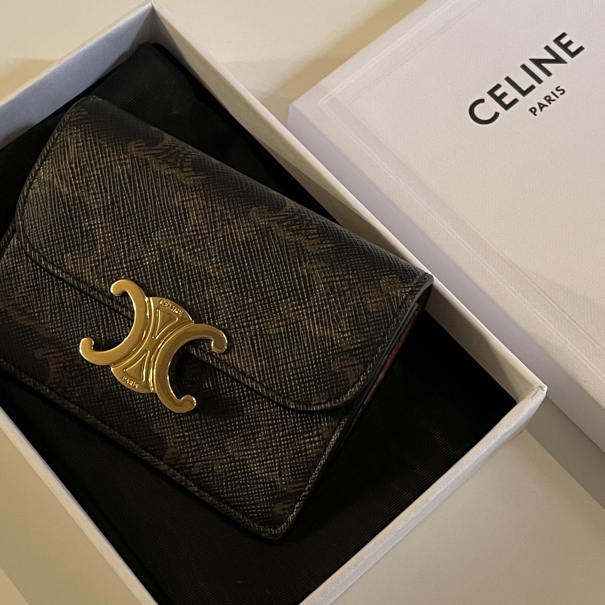 Celine Card Holder with Flap in Triomphe Canvas Tan 착용 스타일