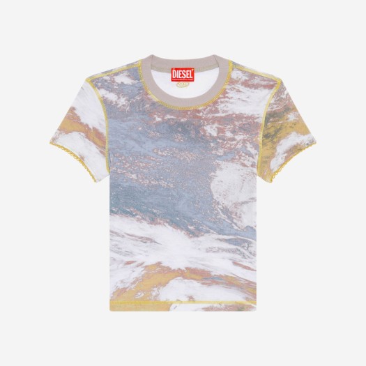 (W) 디젤 T-스킨지-레이스 립드 플래닛 프린트 티셔츠 라일락