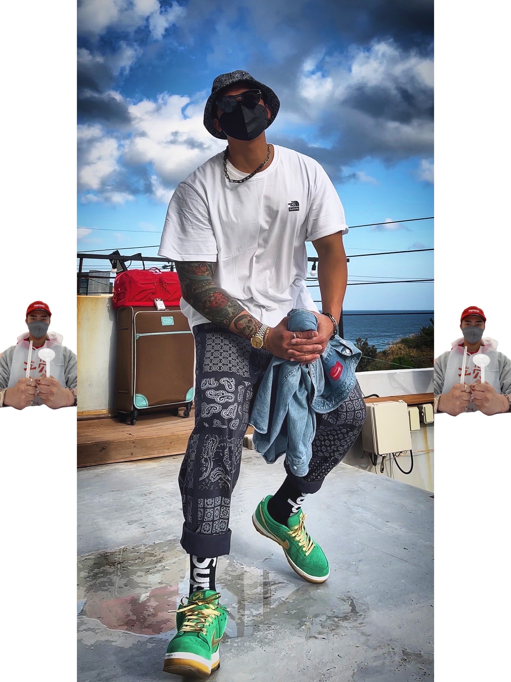Supreme Bandana Crusher Black - 21SS, Supreme x Nike Lightweight Crew Socks Black (1 Pack) 착용 스타일 - 1