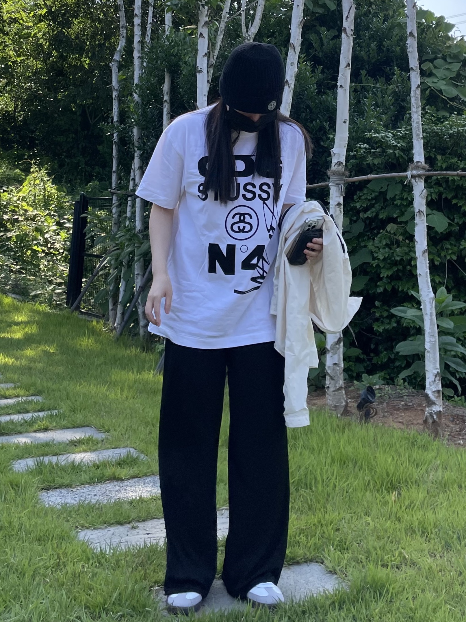 CDG x Stussy T-Shirt White, Adidas Samba OG Cloud White 착용 스타일