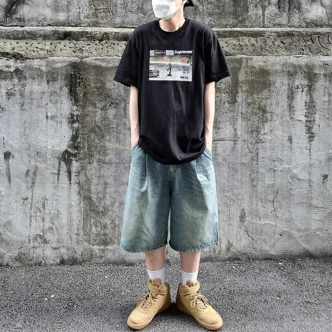 Supreme x Thrasher Game T-Shirt Black - 21FW, Nike Air Force 1 Mid '07 WB Flax 착용 스타일