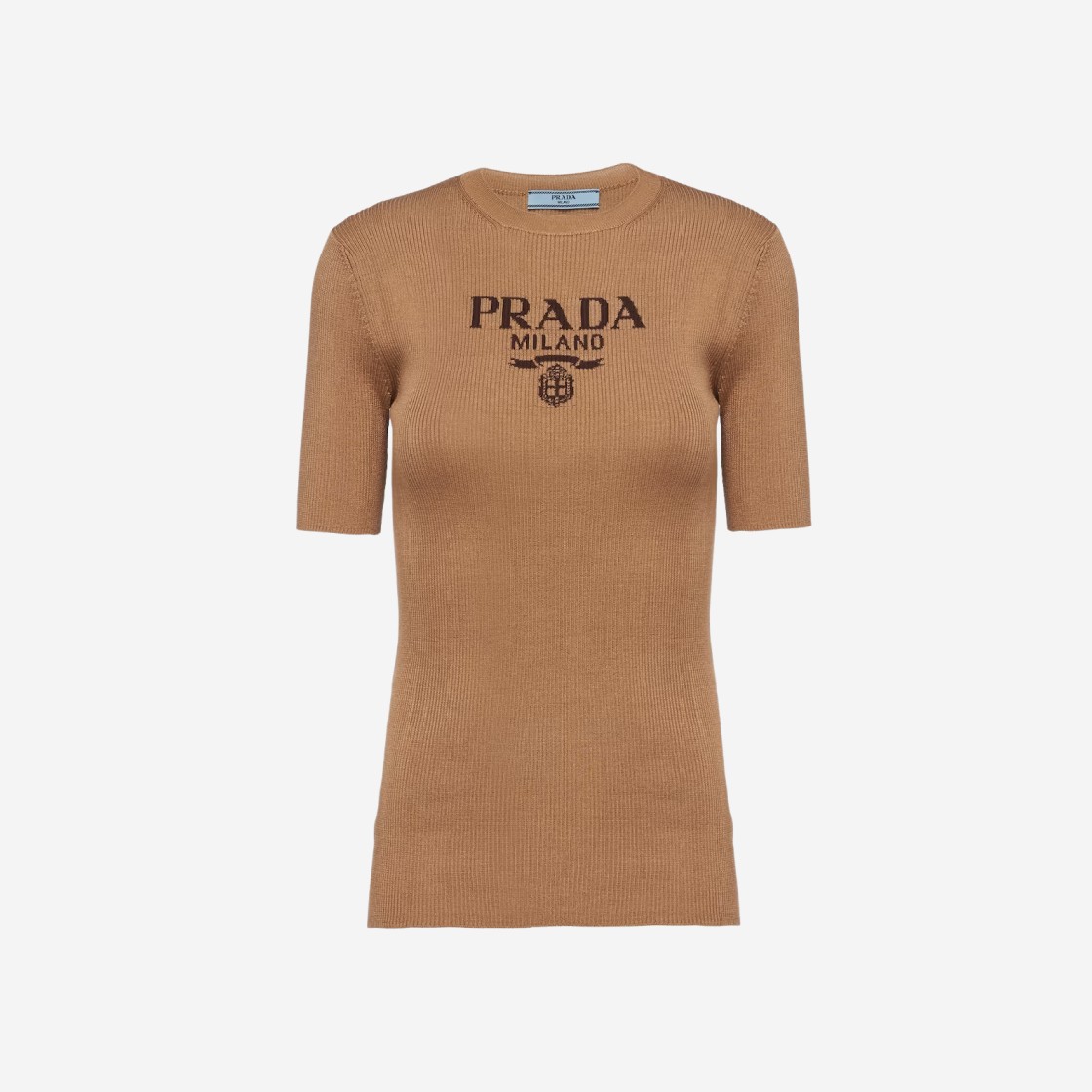 (W) Prada Silk Crewneck Sweater with Logo Camel Brown 상세 이미지 1