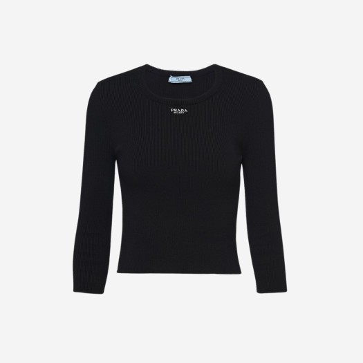 (W) 프라다 코튼 스웨터 자수 로고 블랙