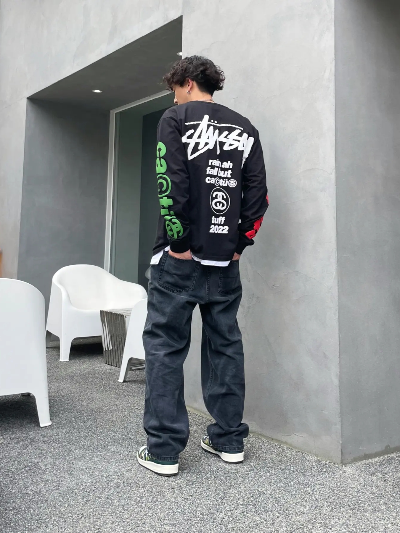 Stussy x Cactus Plant Flea Market Sport LS T-Shirt Black, Adidas x BAPE Forum 84 Low Green Camo 착용 스타일 - 1