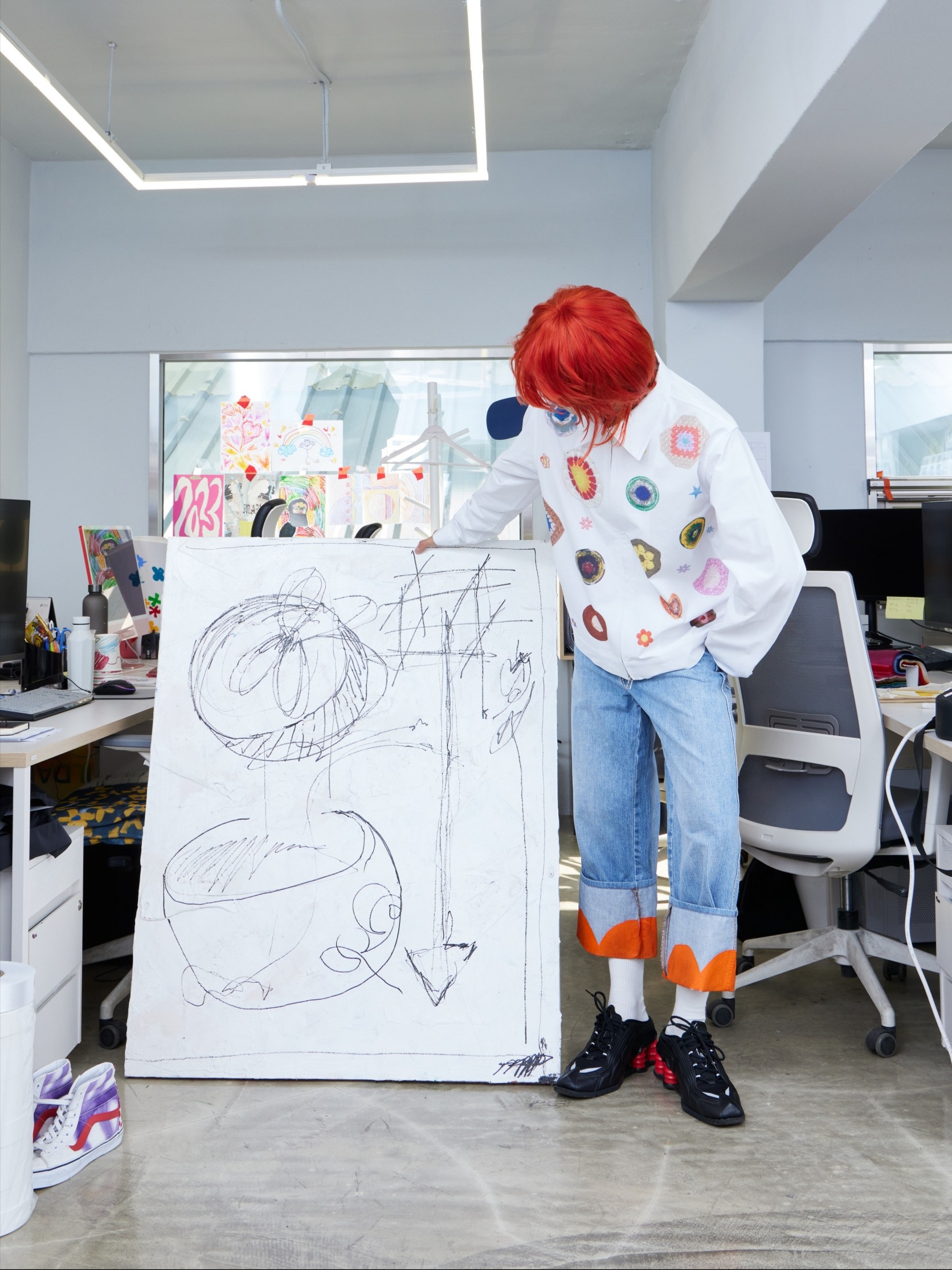 The Museum Visitor Multi Knit Patch Printed Shirts Jacket White 착용 스타일