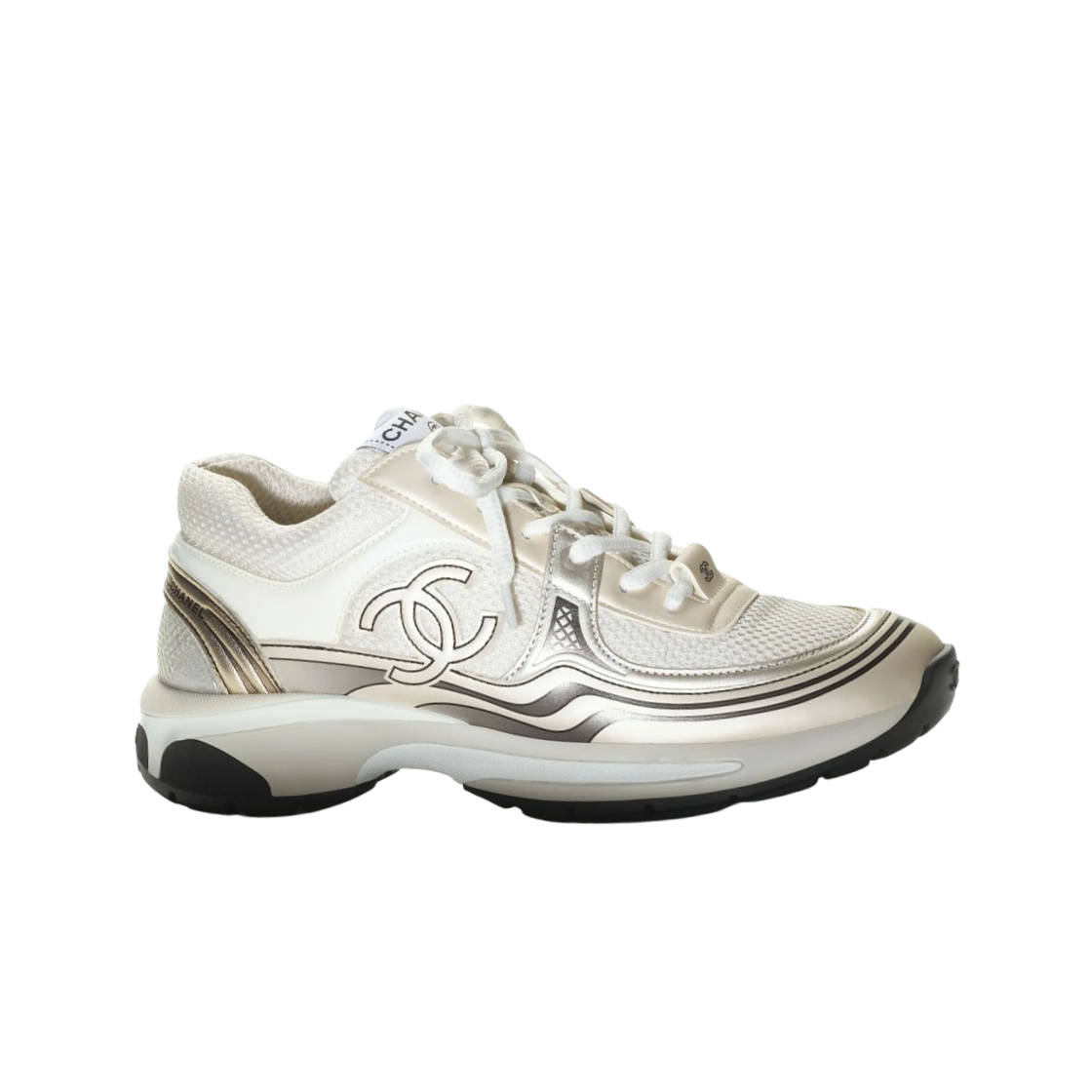 G45077-B13308-NP518 (W) Chanel Sneakers Fabric Laminated & Ivory White Silver