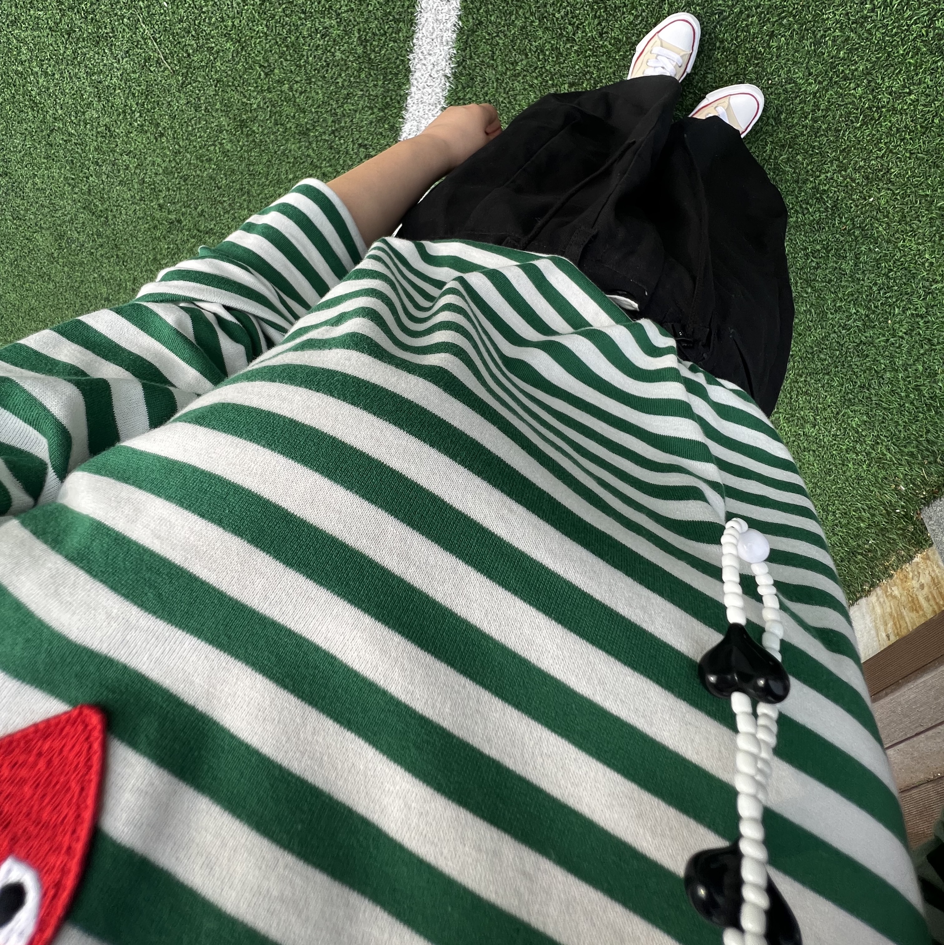 Maison Mihara Yasuhiro Peterson OG Sole Canvas Low-top Sneakers Natural, (W) Play Comme des Garcons Striped LS T-Shirt Green White 착용 스타일 - 3