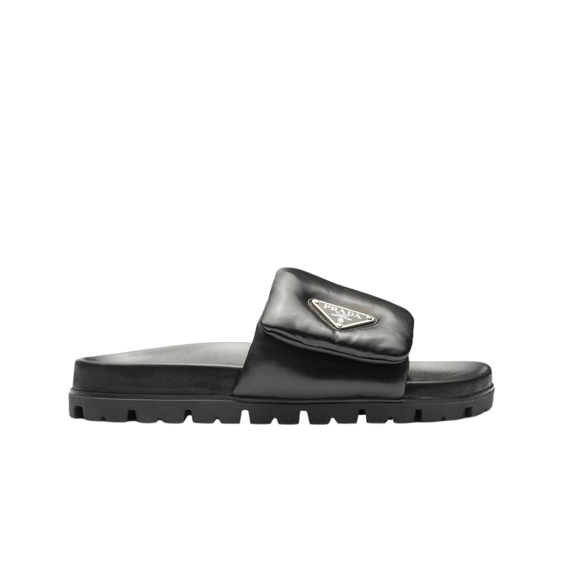 (W) 프라다 소프트 패딩 나파 레더 슬라이드 블랙((W) Prada Soft Padded Nappa Leather Slides Black)