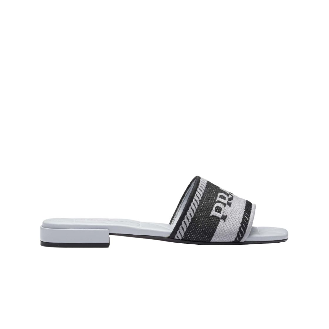 (W) 프라다 자수 패브릭 슬라이드 블랙 콘플라워 블루((W) Prada Embroidered Fabric Slides Black Cornflower Blue) - 1