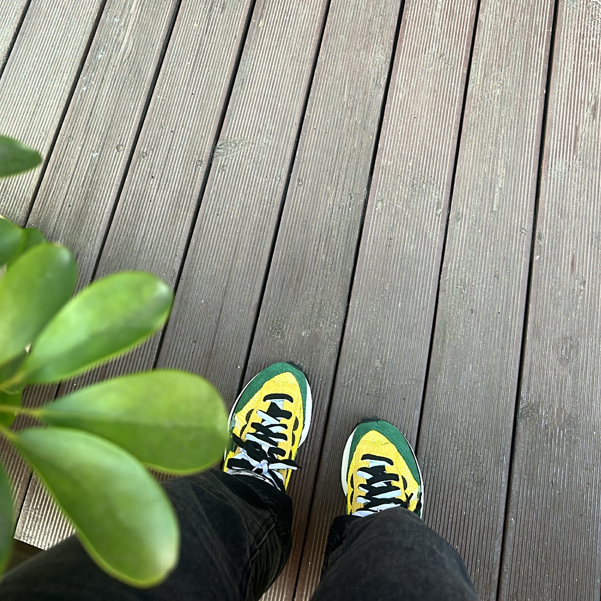 Nike x Sacai VaporWaffle Tour Yellow & Gorge Green Sail 착용 스타일