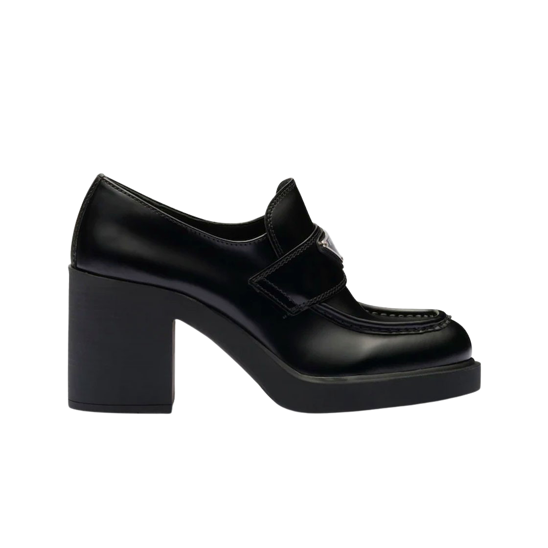 (W) 프라다 하이힐 브러쉬드 레더 로퍼 블랙((W) Prada High-Heeled Brushed Leather Loafers Black) - 1