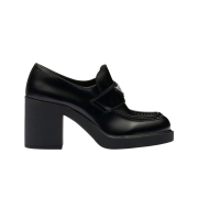 (W) Prada High-Heeled Brushed Leather Loafers Black