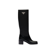 (W) Prada Brushed Leather Nylon Boots Black