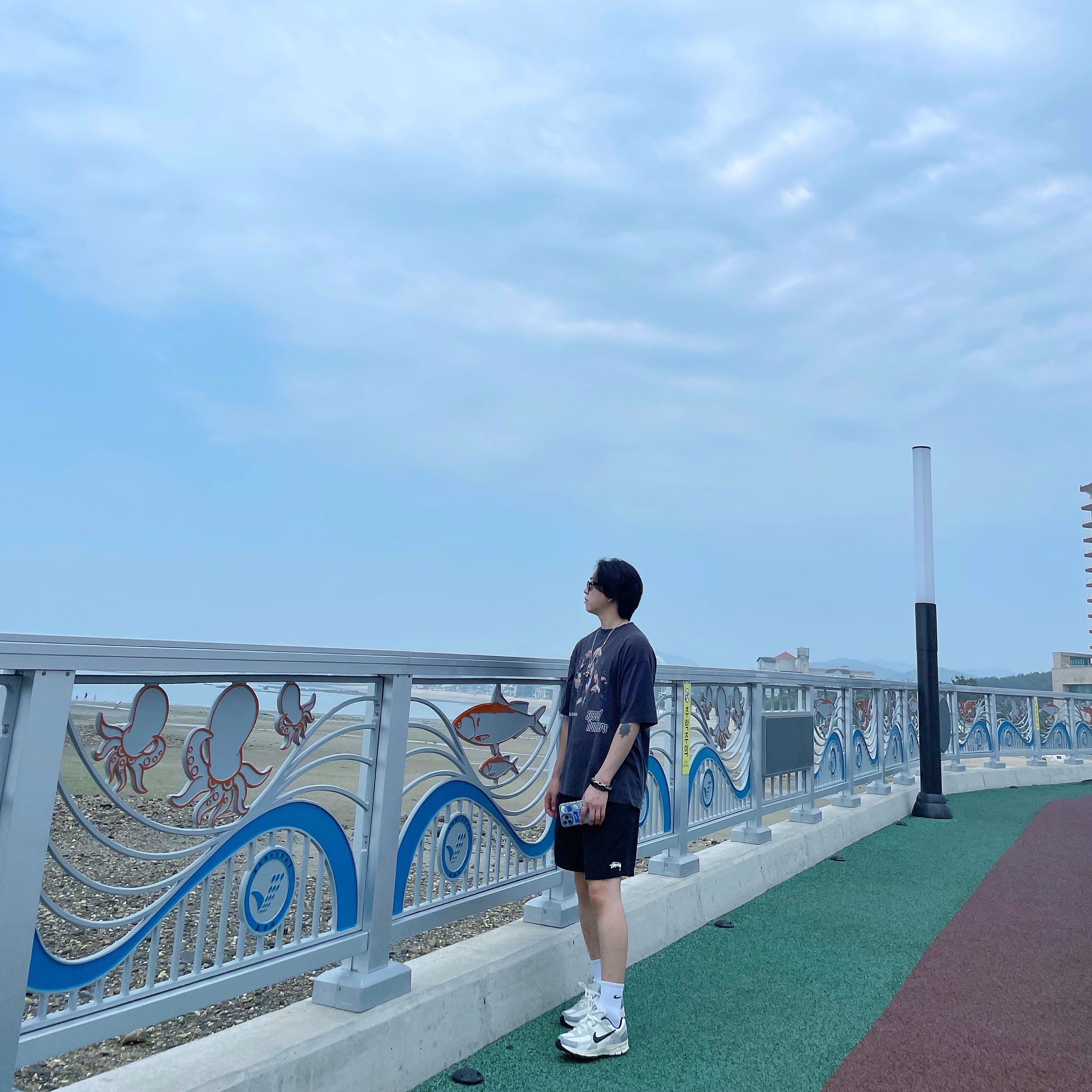 (W) 나이키 줌 보메로 5 울프 그레이 앤 블랙, 스투시 스탁 워터 쇼츠 블랙 착용 스타일 - 1