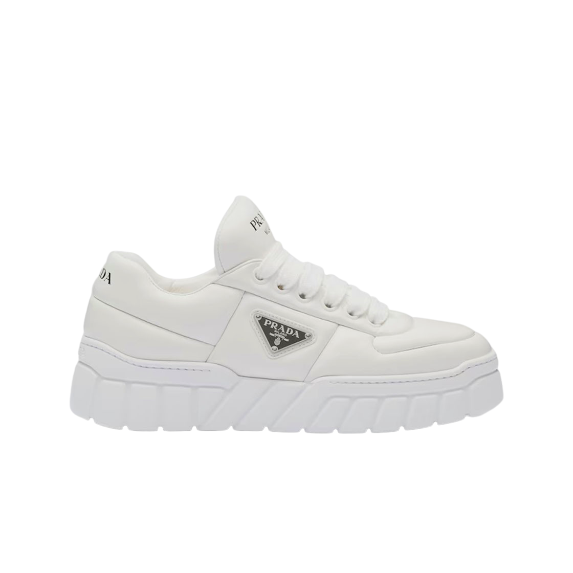 (W) 프라다 패딩 나파 레더 레이스업 스니커즈 화이트((W) Prada Padded Nappa Leather Lace-Up Sneakers White) - 1