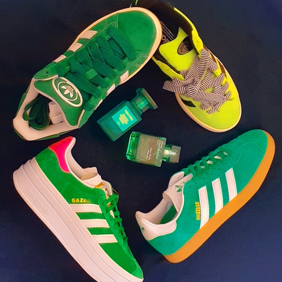 (W) Adidas Gazelle Bold Green Cloud White, Adidas Gazelle Court Green Cloud White 착용 스타일
