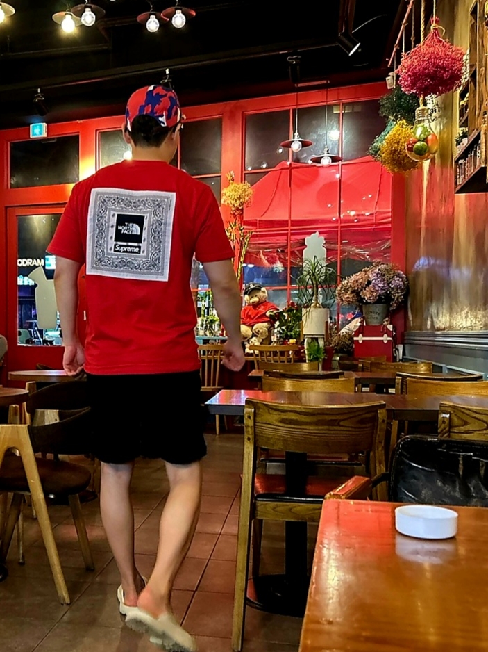 Supreme x The North Face Bandana T-Shirt Red - 22SS, Stussy SS Link Water Shorts Black 착용 스타일 - 1
