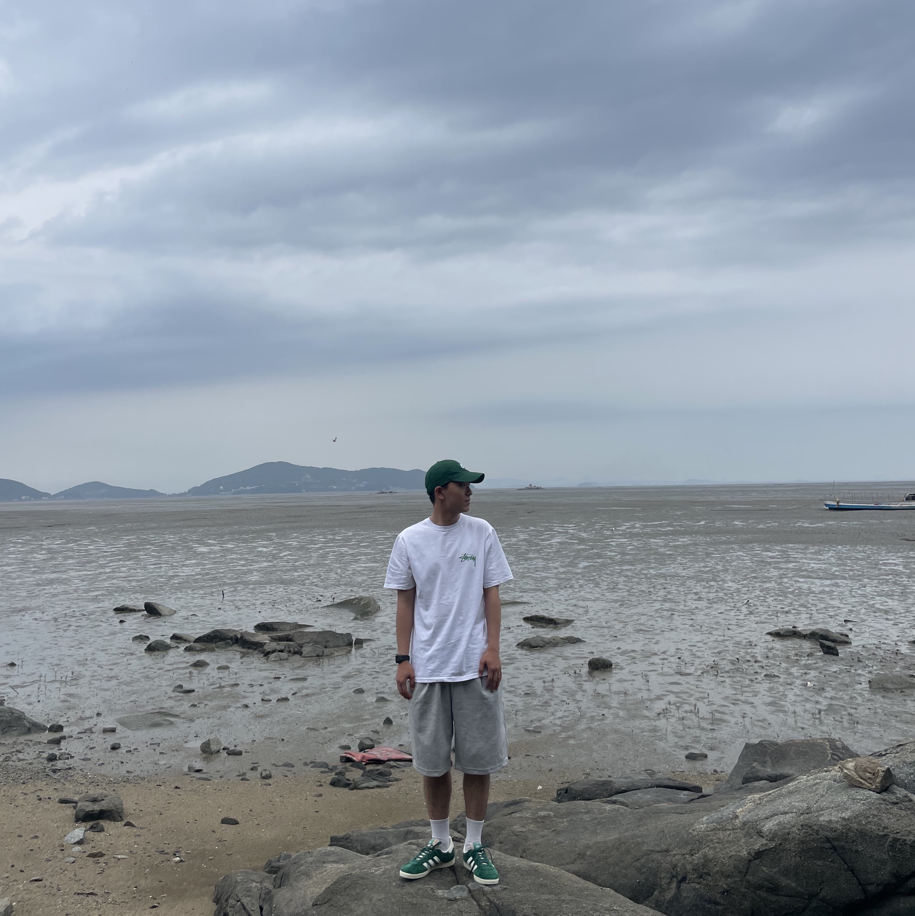 Stussy Landin T-Shirt White, Adidas Gazelle Dark Green Cream White 착용 스타일 - 1