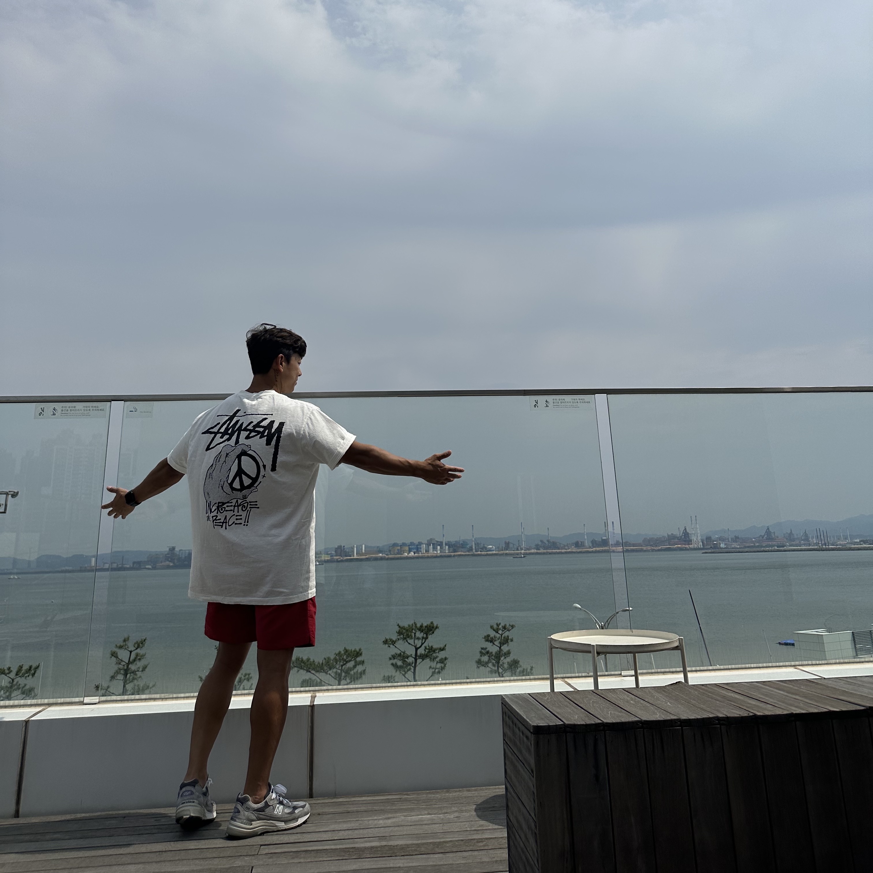 Stussy Peace Hand Pigment dyed T-Shirt Natural, New Balance 992 Made in USA Grey - D Standard 착용 스타일