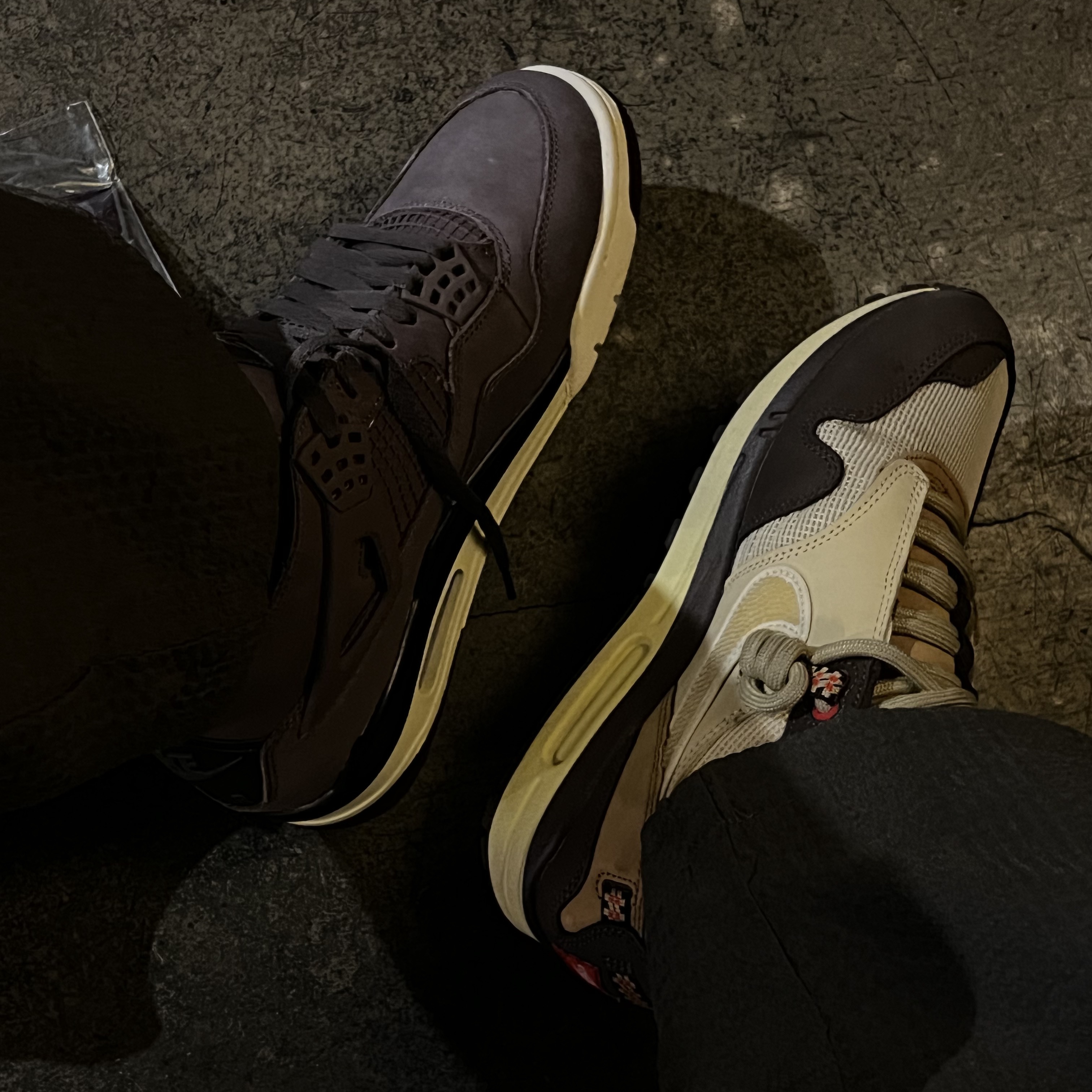 Jordan 4 x A Ma Maniere Retro Violet Ore, Nike x Travis Scott Air Max 1 Cact.us Brown 착용 스타일