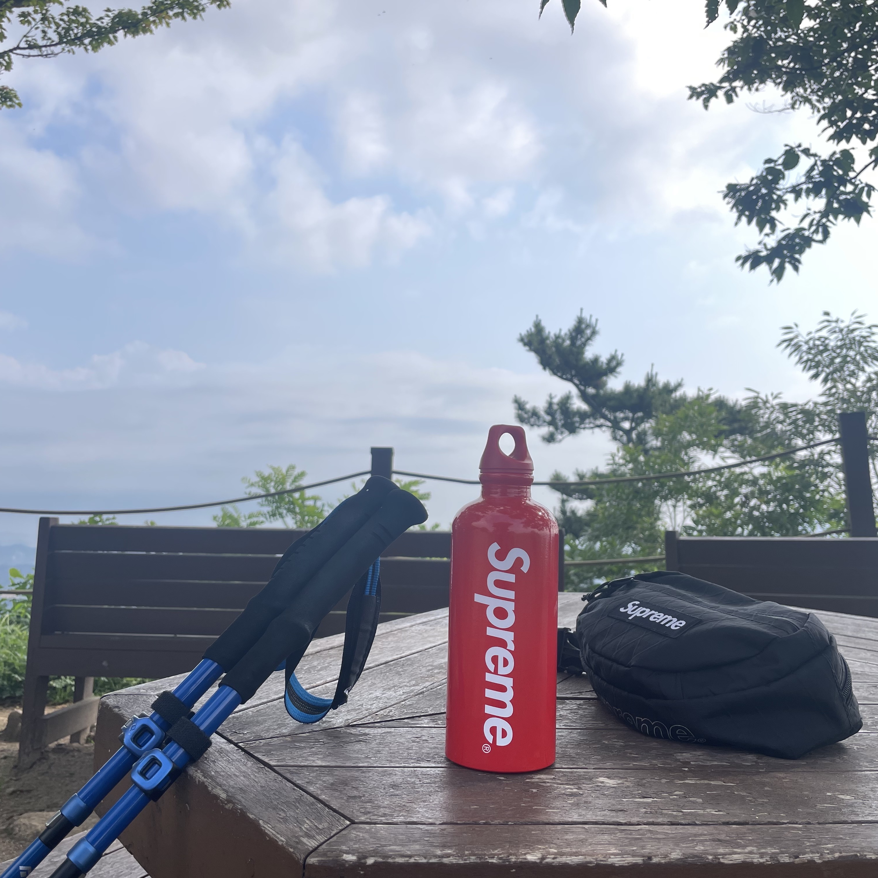 Supreme Waist Bag Black - 18FW, Supreme x Sigg Traveller 0.6L Water Bottle Red - 23SS 착용 스타일