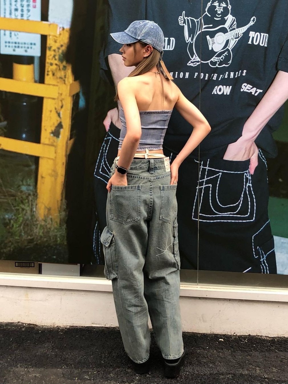 True Religion Origin Stitch Cap Indigo, True Religion Bullet Pocket Denim Pants Light Indigo 착용 스타일 - 1