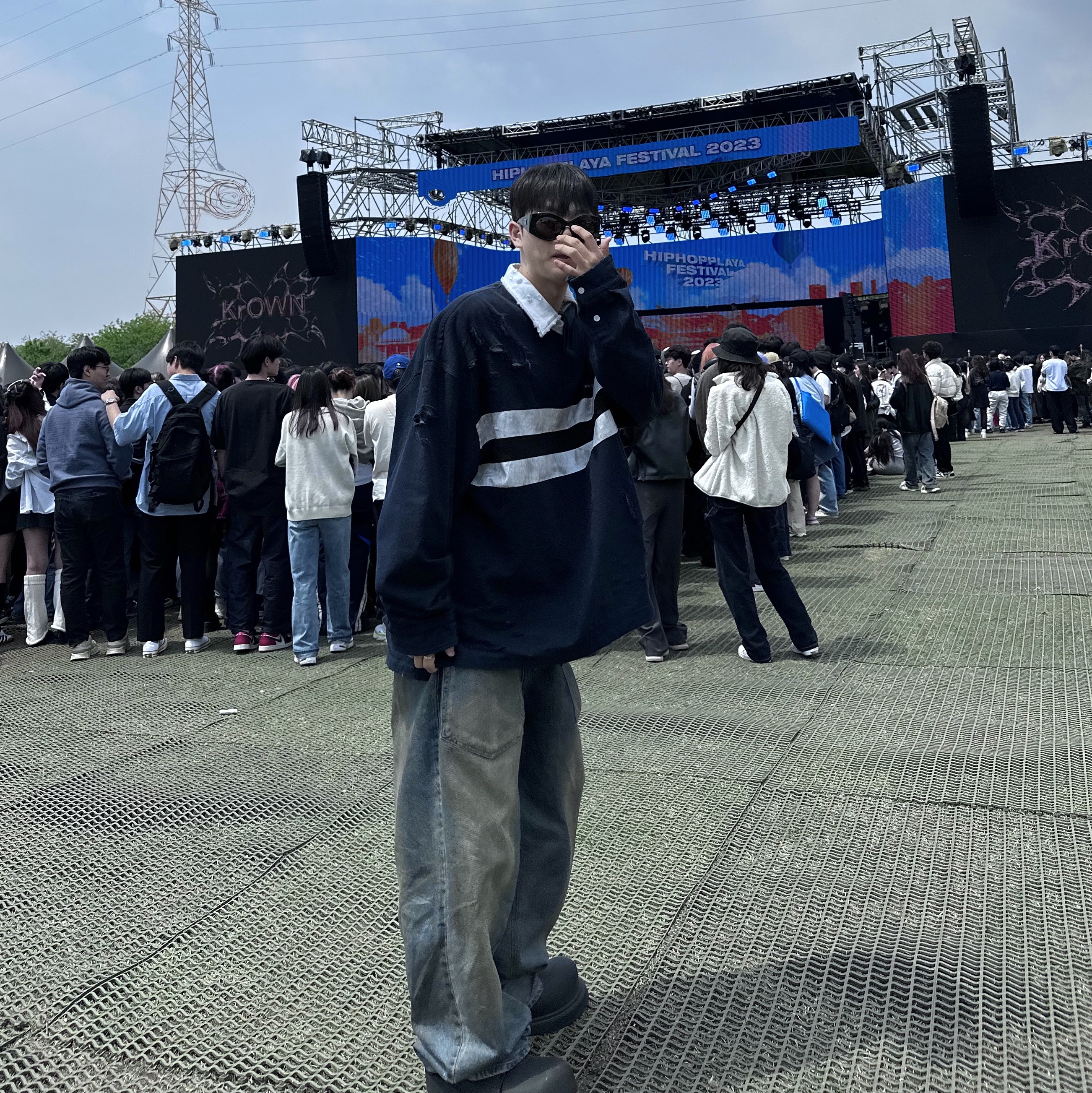 Project G/R Coated Backward Denim Pants Blue, Project G/R Bullied Polo Shirts Navy 착용 스타일 - 2