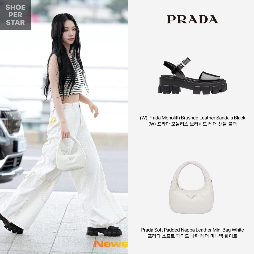 (W) Prada Monolith Brushed Leather Sandals Black, Prada Soft Padded Nappa Leather Mini Bag White 착용 스타일 - 1