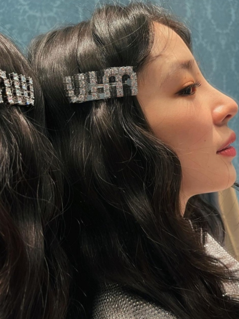 (W) Miu Miu Crystal Hair Clip Steel 착용 스타일