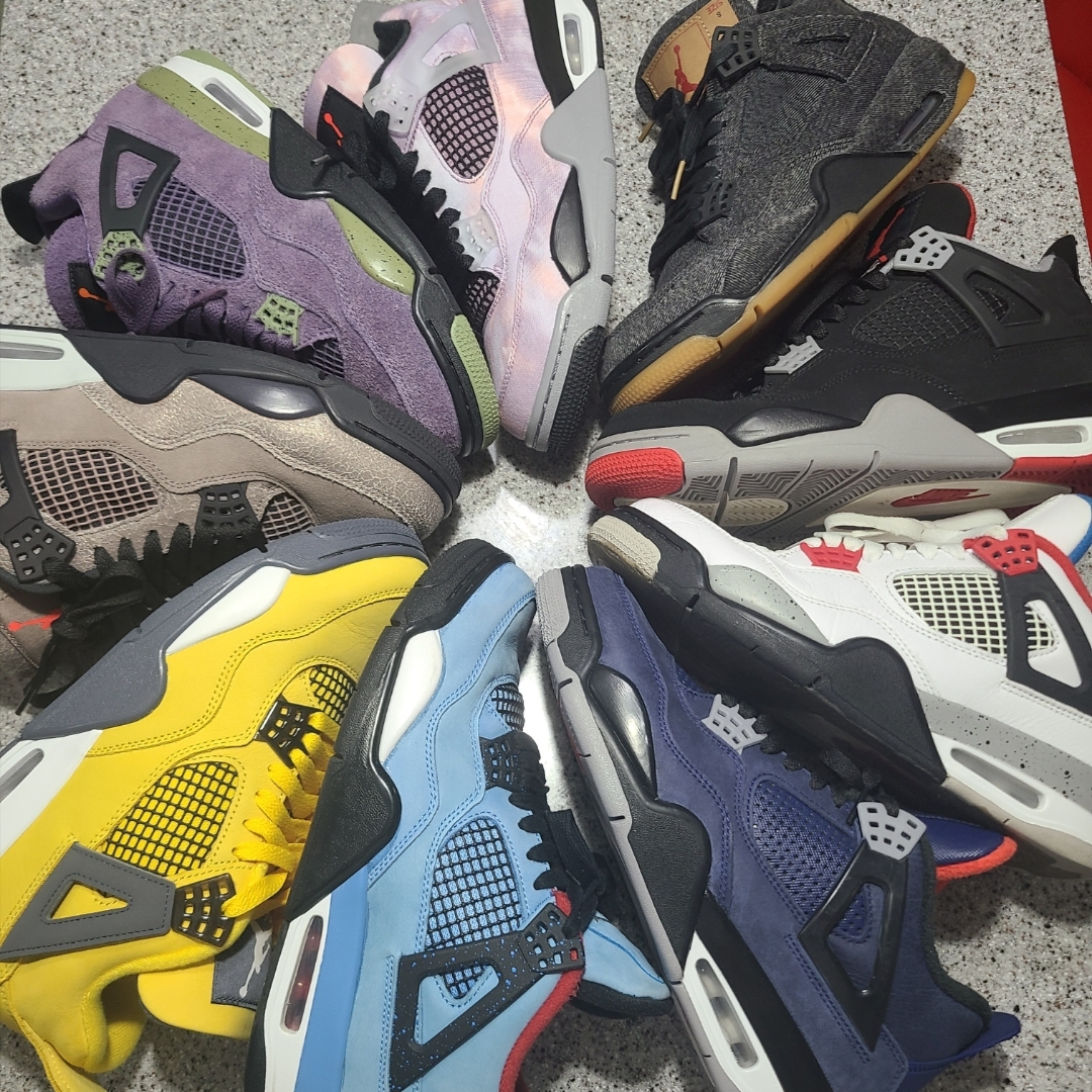 Jordan 4 Retro Tour Yellow, (W) Jordan 4 Retro Canyon Purple 착용 스타일