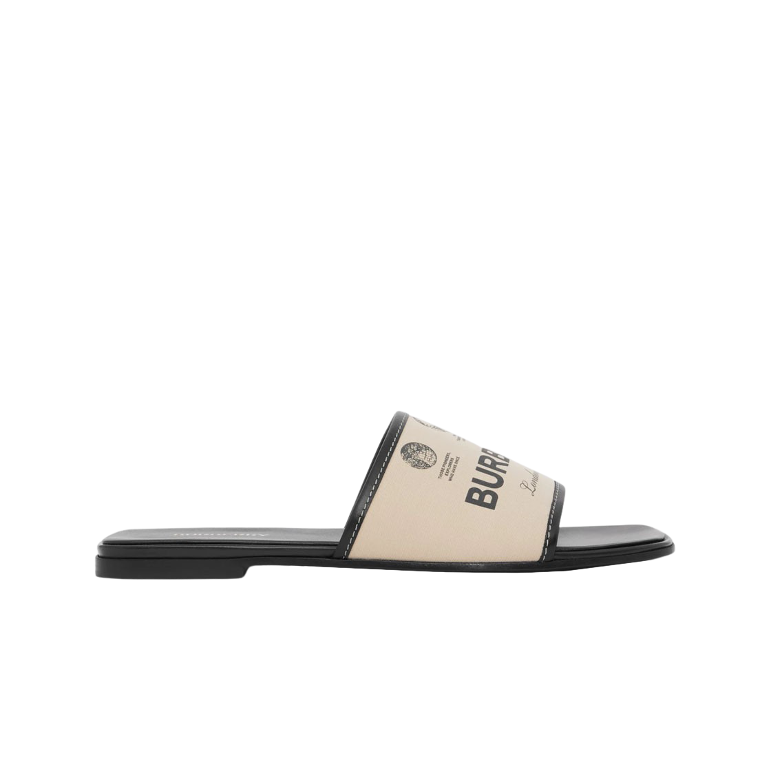 (W) 버버리 라벨 프린트 개버딘 레더 슬라이드 베이지((W) Burberry Label Print Gabardine Leather Slides Beige) - 1