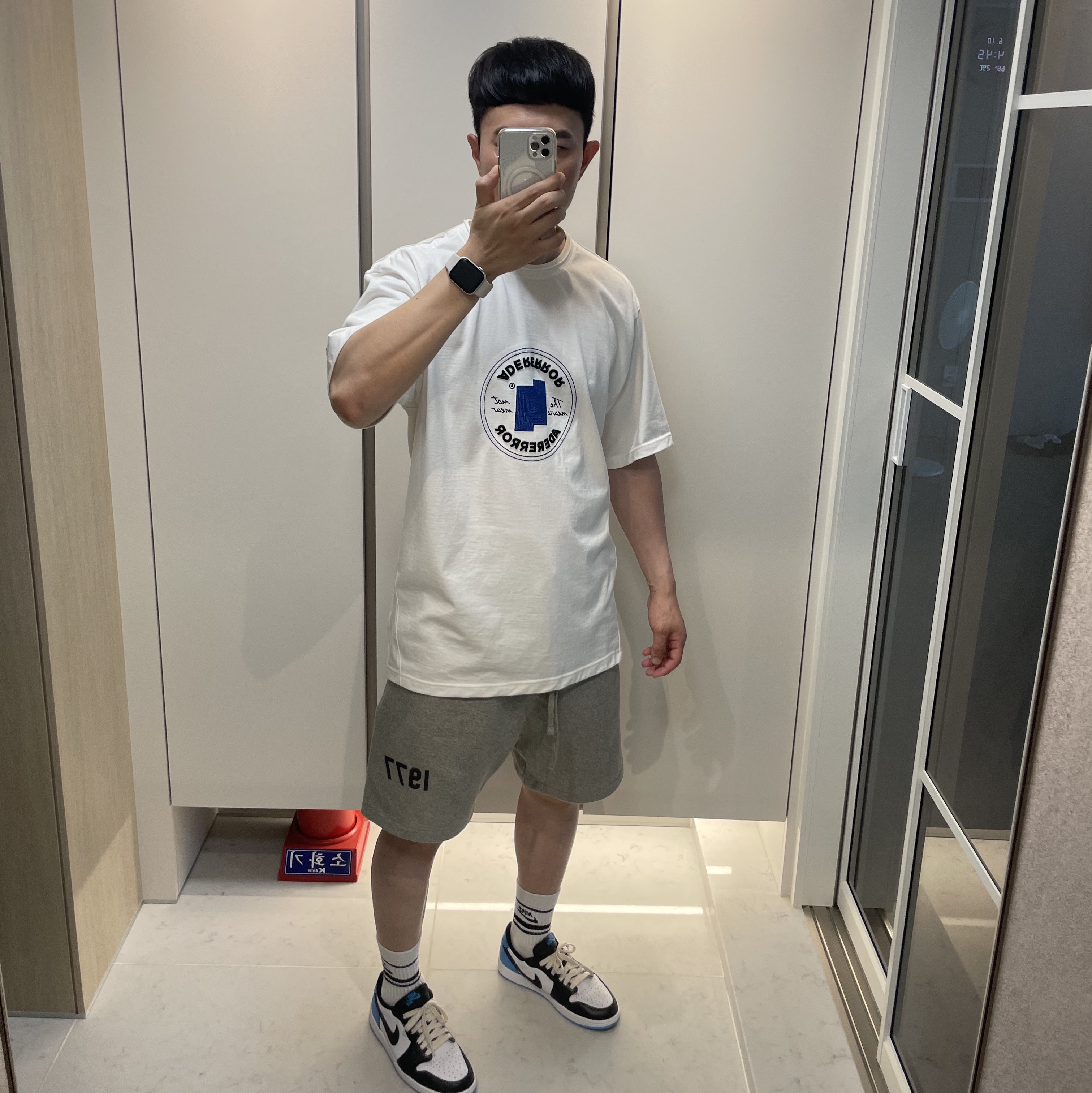 Essentials 1977 Shorts Dark Oatmeal - 22SS, Converse x Ader Error Shapes T-Shirt Cloud Dancer 착용 스타일