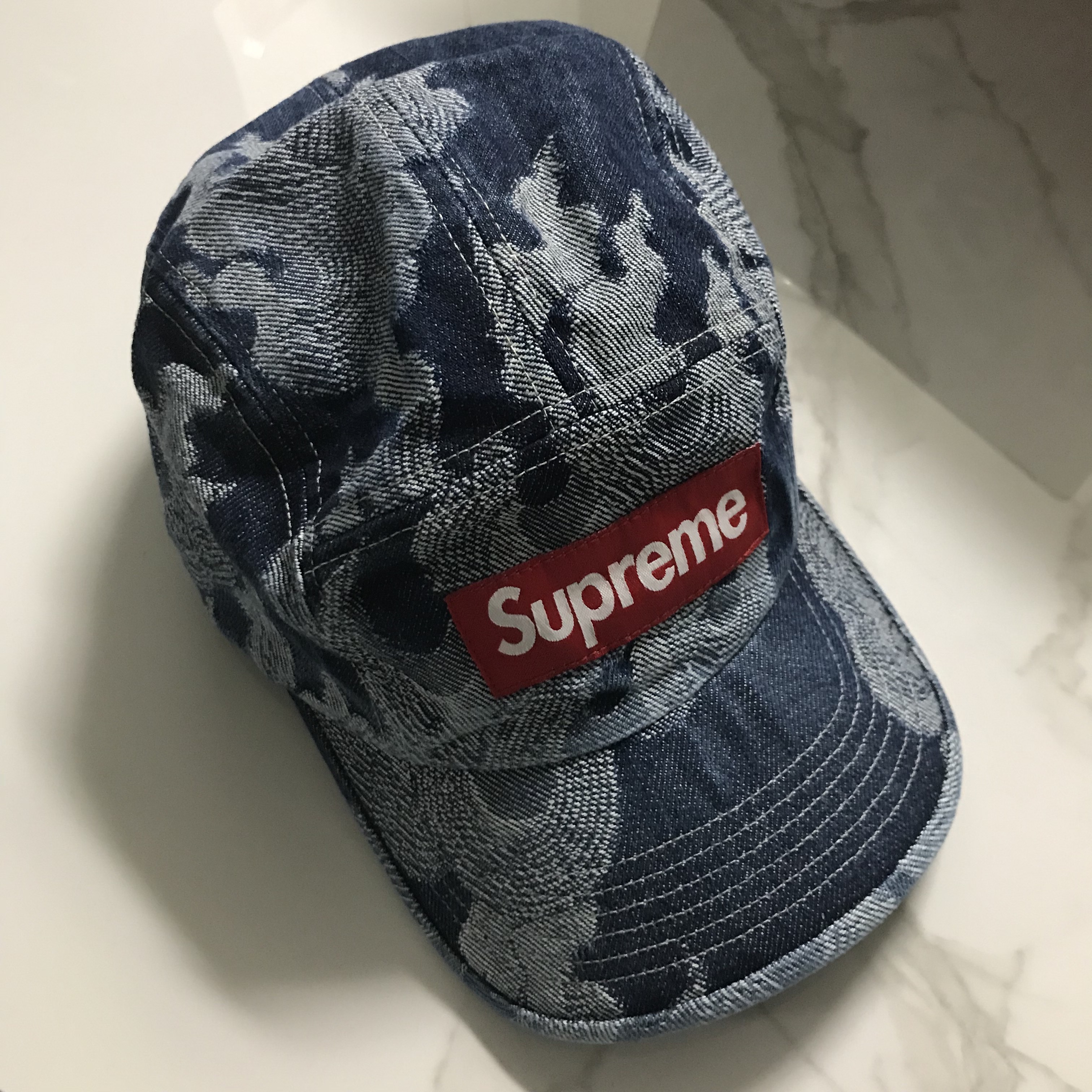 Supreme Flames Jacquard Denim Camp Cap Washed Indigo - 23SS 착용 스타일