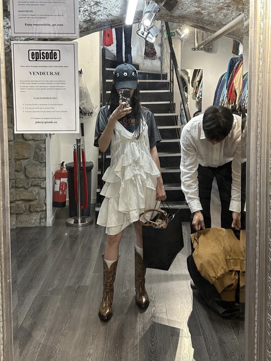 Ganni Embroidered Western Boots Tiger's Eye 착용 스타일