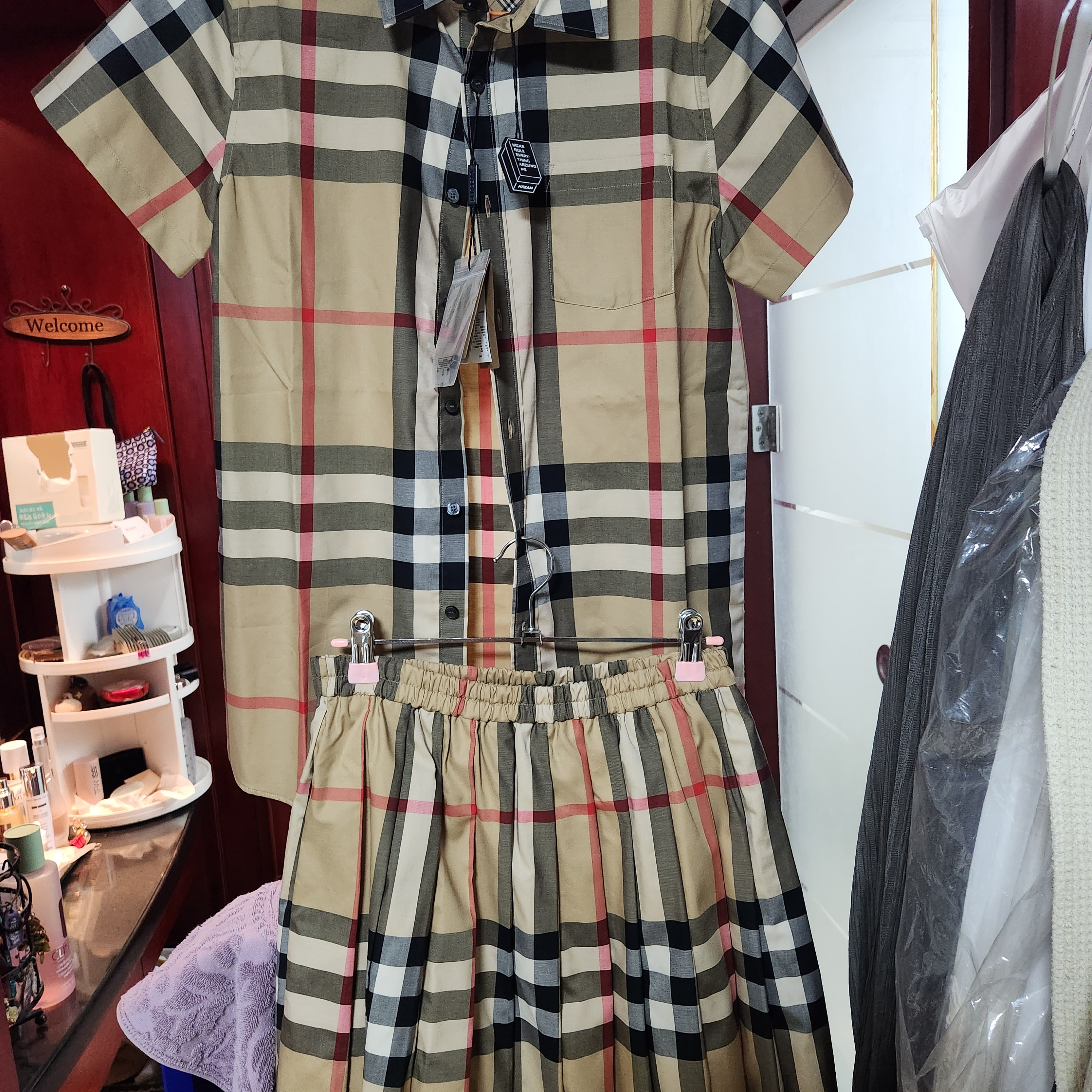 (Kids) Burberry Short Sleeve Check Stretch Cotton Shirt Archive Beige 착용 스타일 - 1
