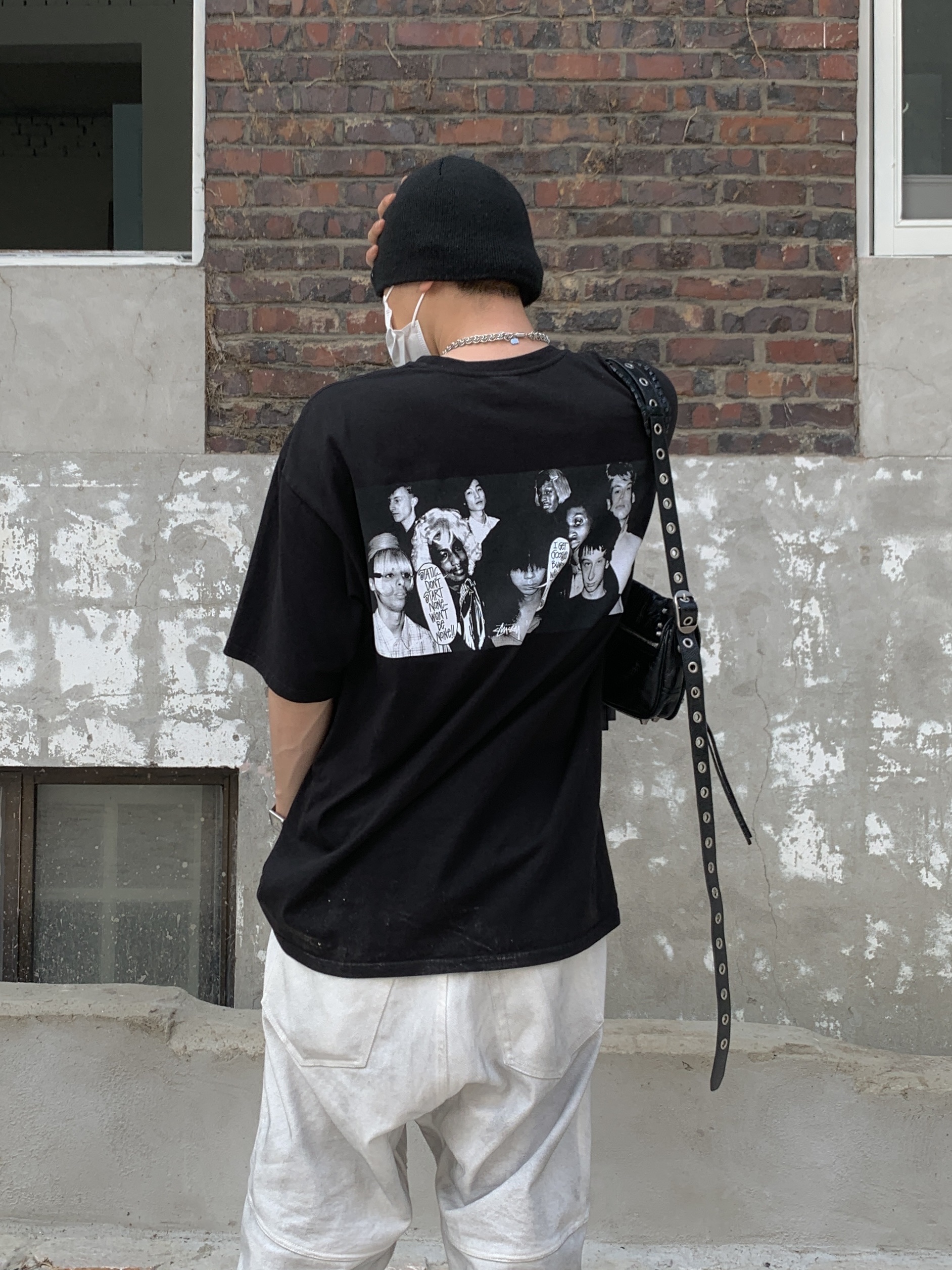 Stussy Basic Skullcap Beanie Black, Stussy x Martine Rose Collage Pigment Dyed T-Shirt Black 착용 스타일 - 3