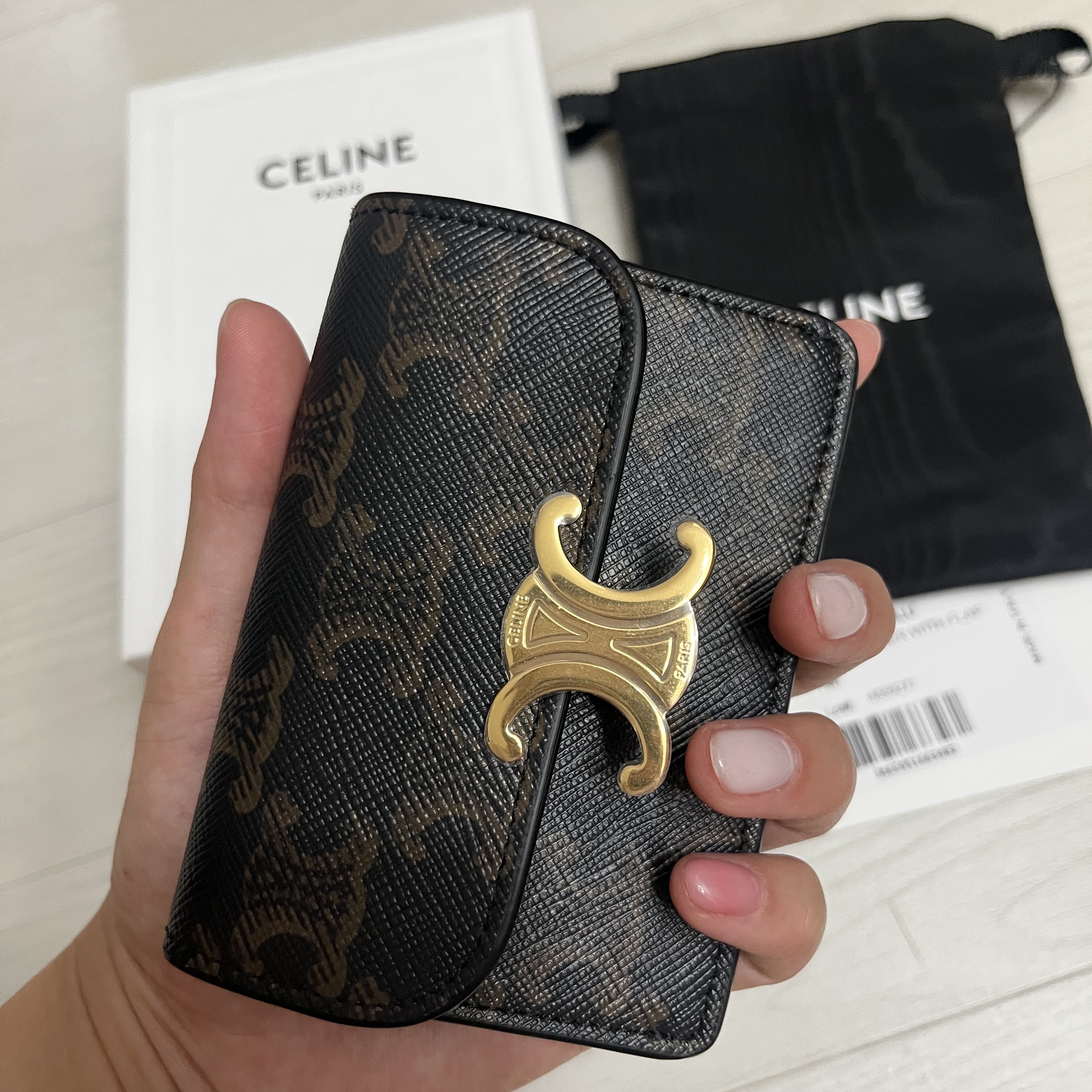 Celine Card Holder with Flap in Triomphe Canvas Tan 착용 스타일 - 3