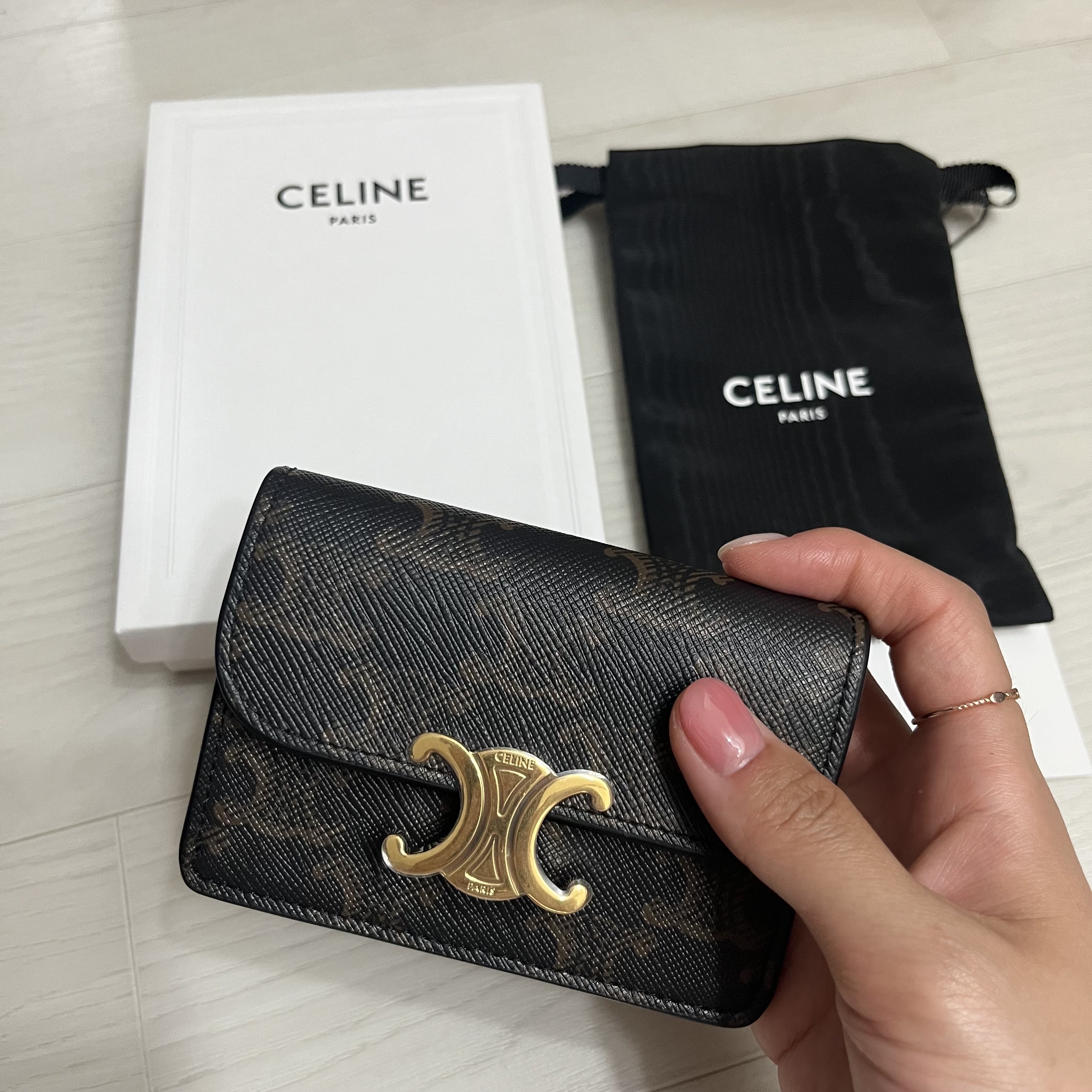 Celine Card Holder with Flap in Triomphe Canvas Tan 착용 스타일 - 1