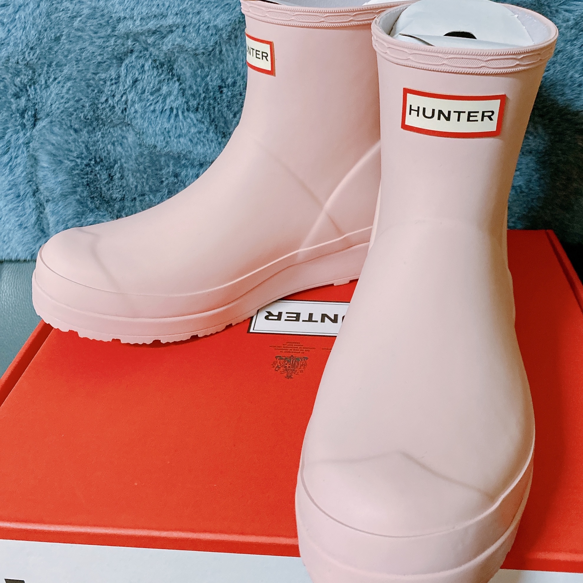 (W) Hunter Play Short Wellington Boots Azalea Pink 착용 스타일